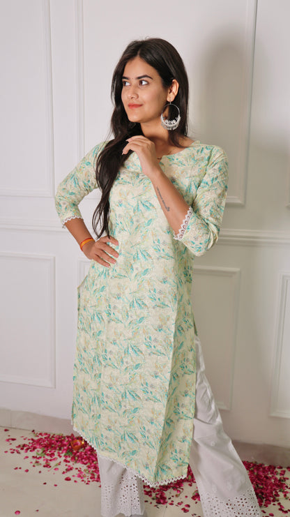 Leafy Luxe Embroidered Kurti & Cut-work White Pant Set