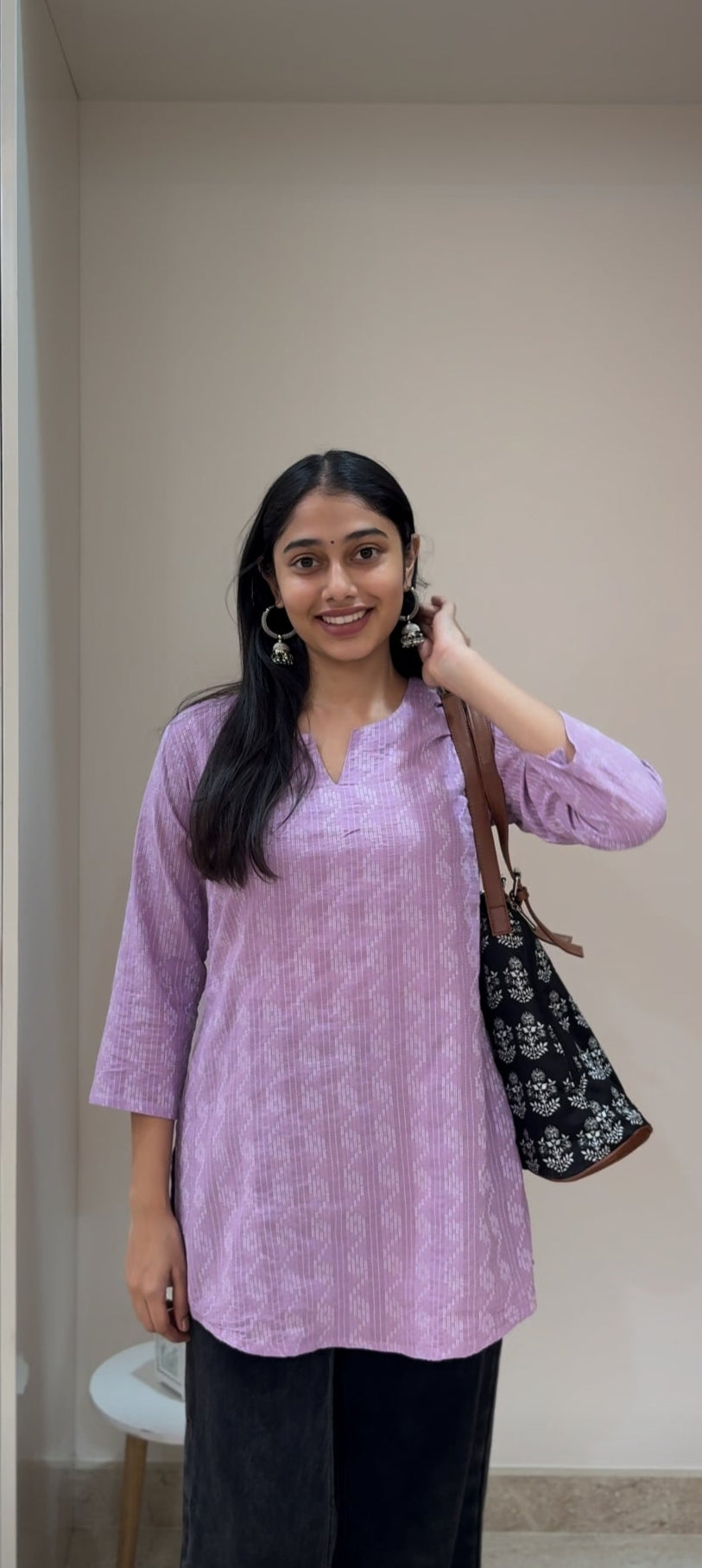 Lilac Cotton Short Kurti with White Kantha