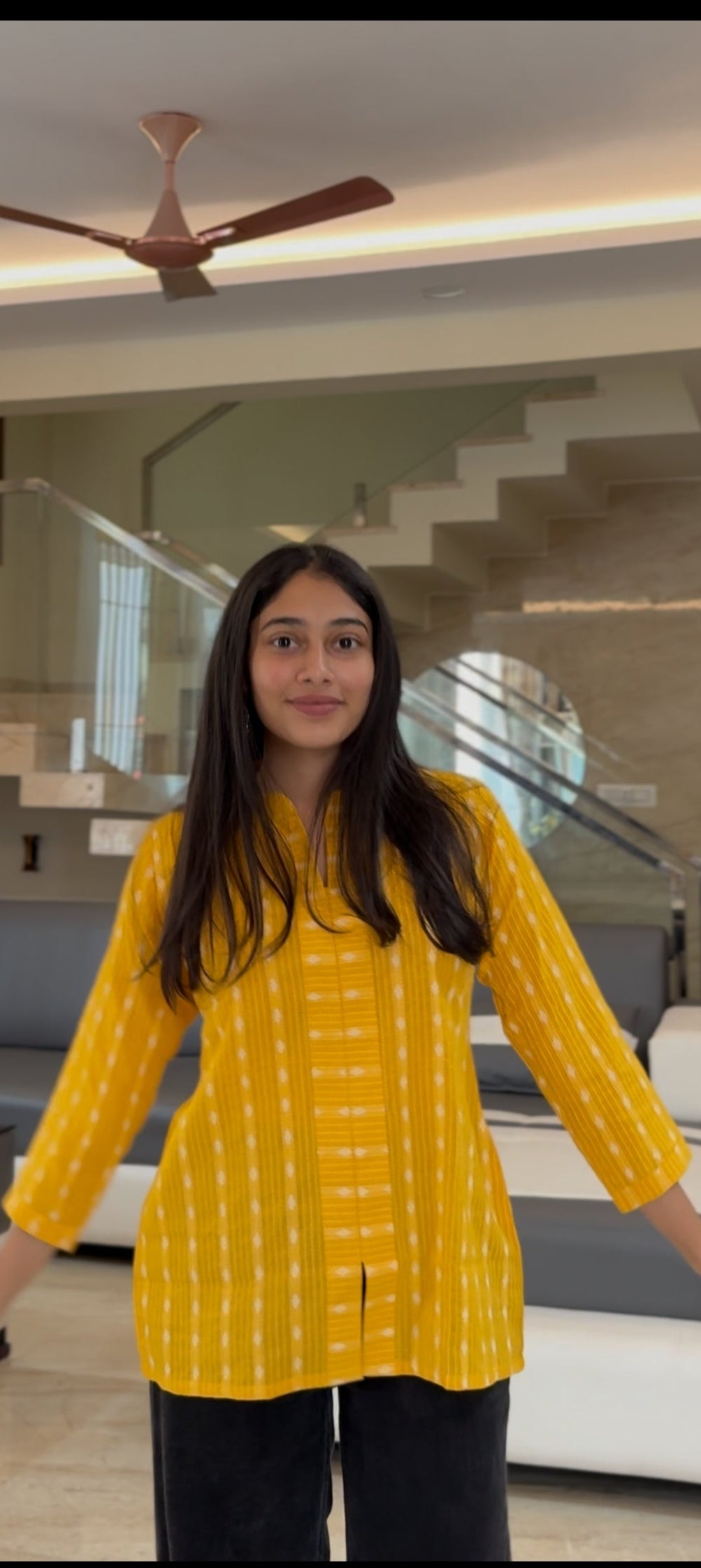 Kantha Work Yellow Mandarin Collar Top