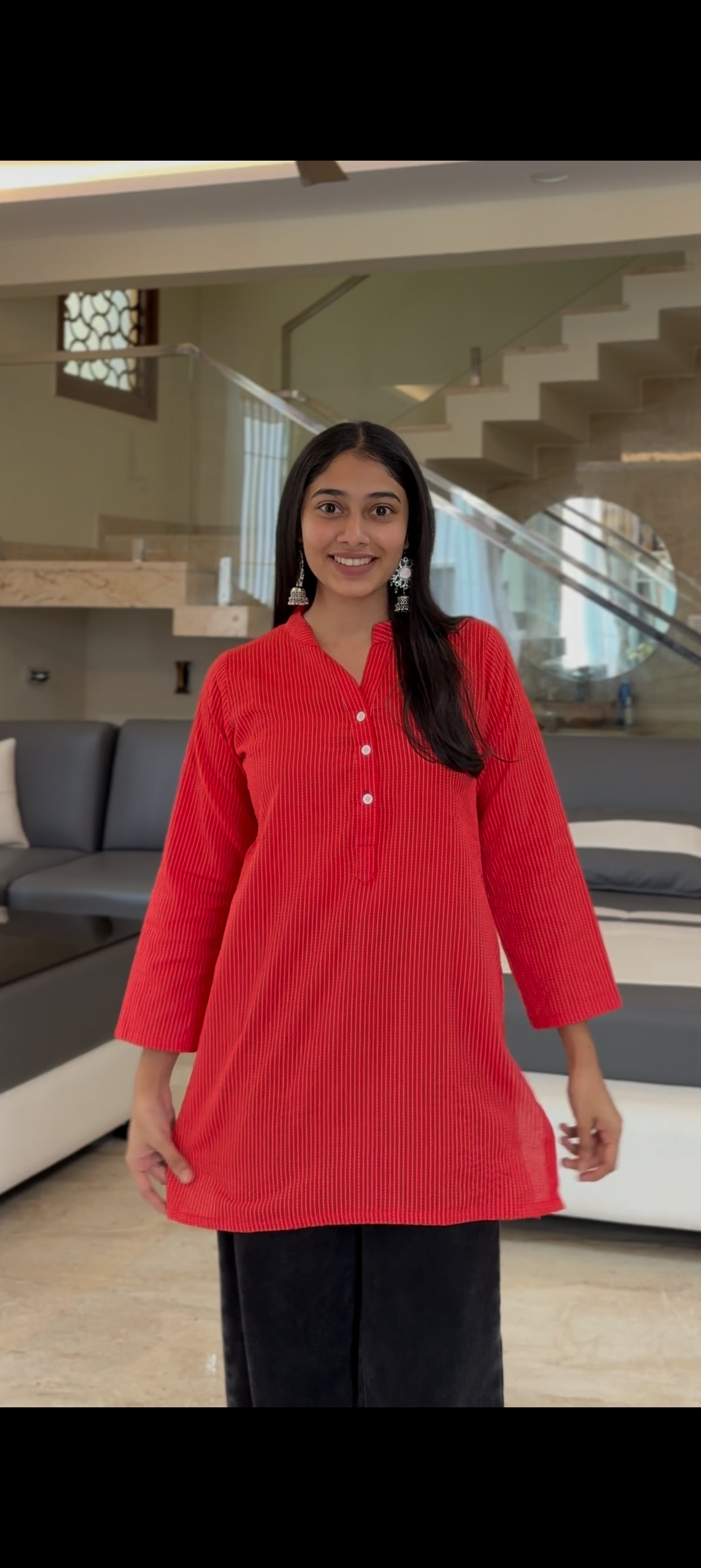 Red Cotton Mandarin Collar Short Kurti