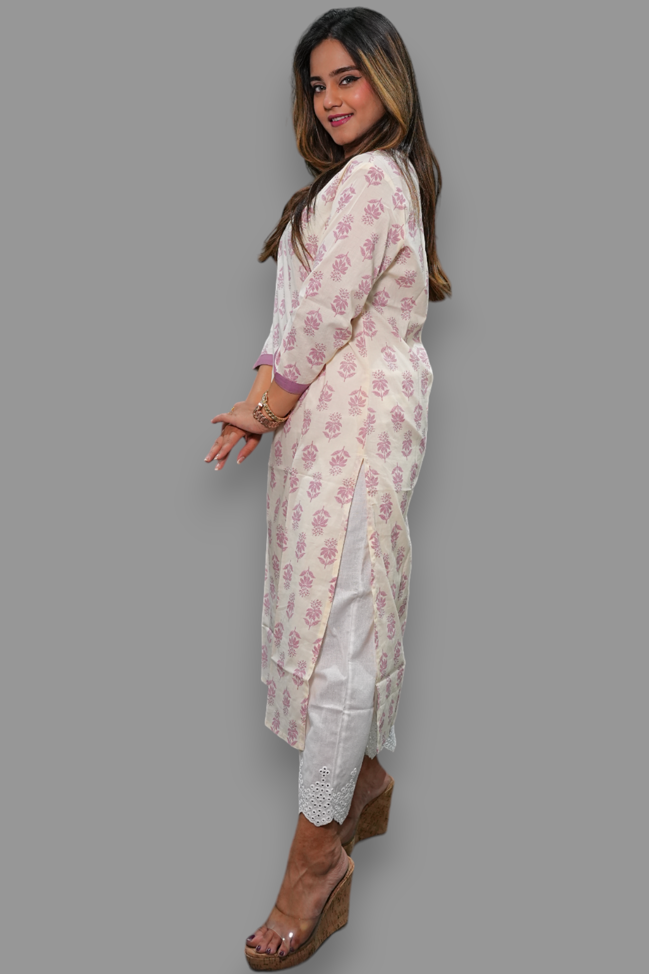 Off white v neck straight kurti with pockets