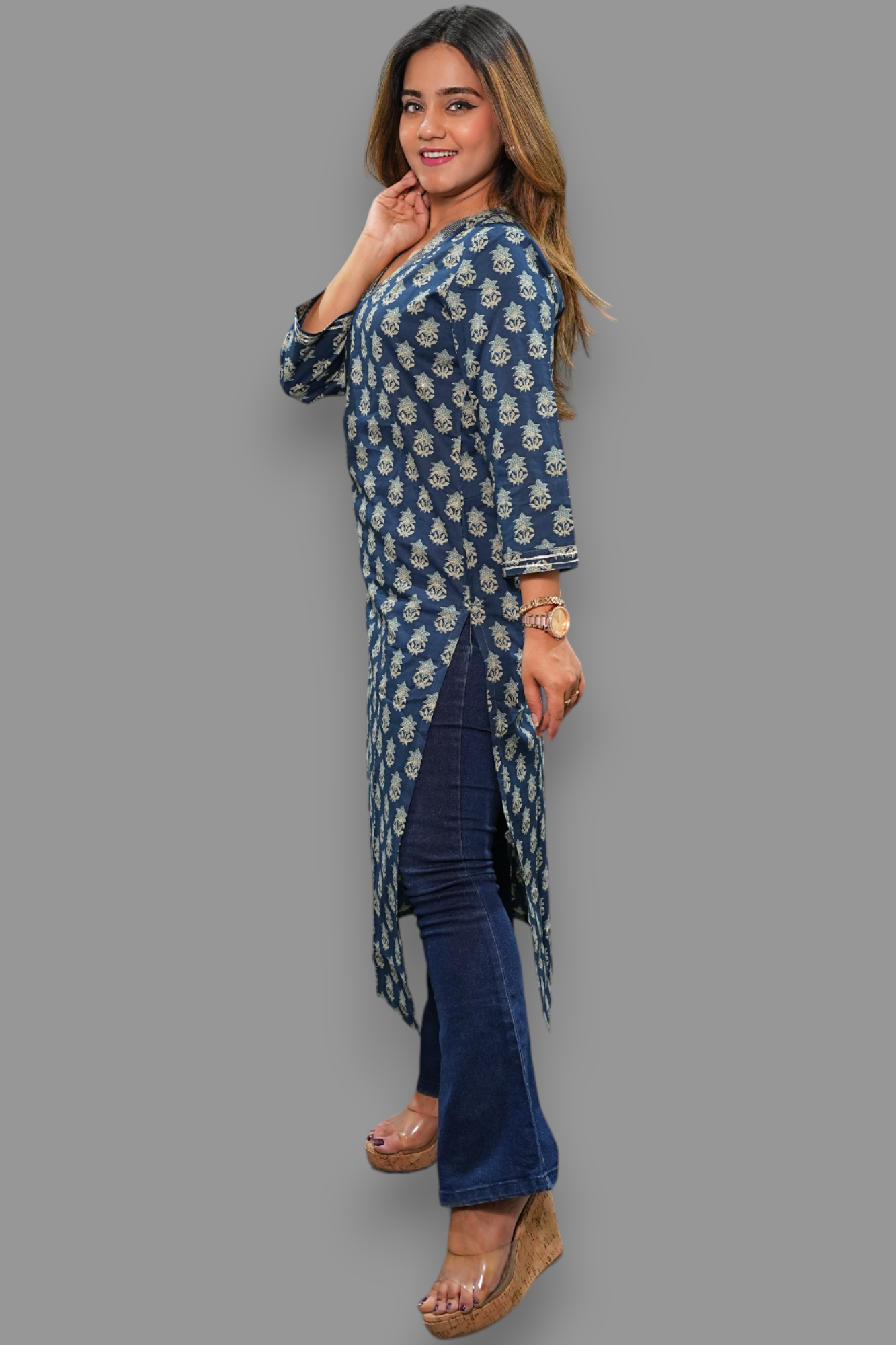 Dark blue cotton v neck straight kurti