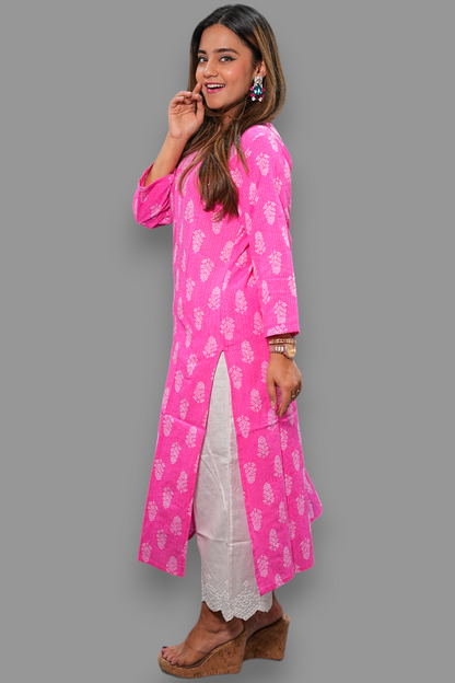 Hot pink v neck block print cotton kurti