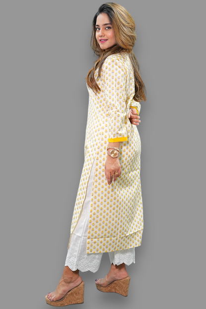 Light cream v neck block print kurti with pockets