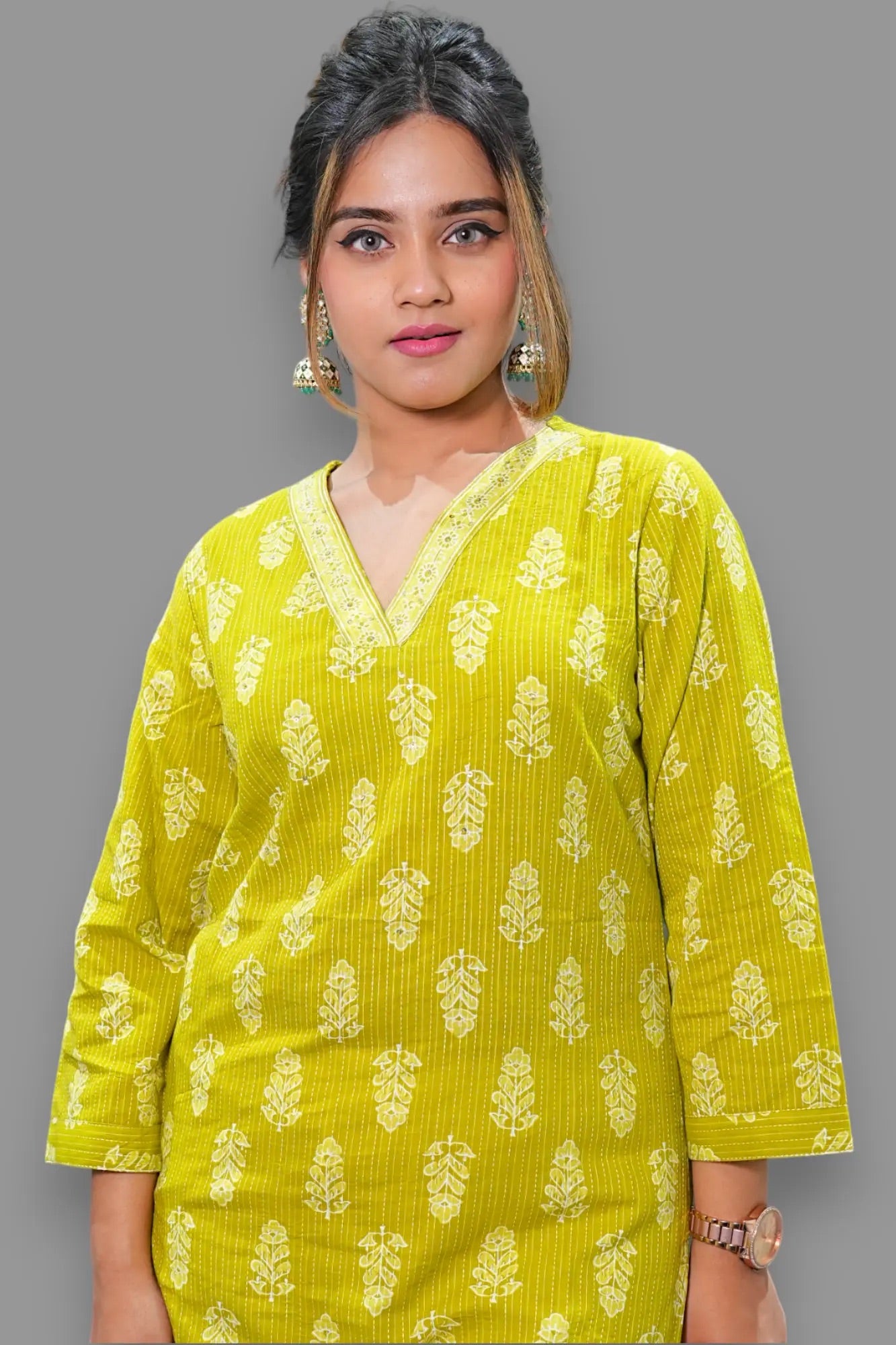 Bright Green V Neck Block Print Cotton Kurti