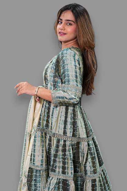 A-Line Tie-Dye & Embroidered Dress Suit With Pants And Dupatta