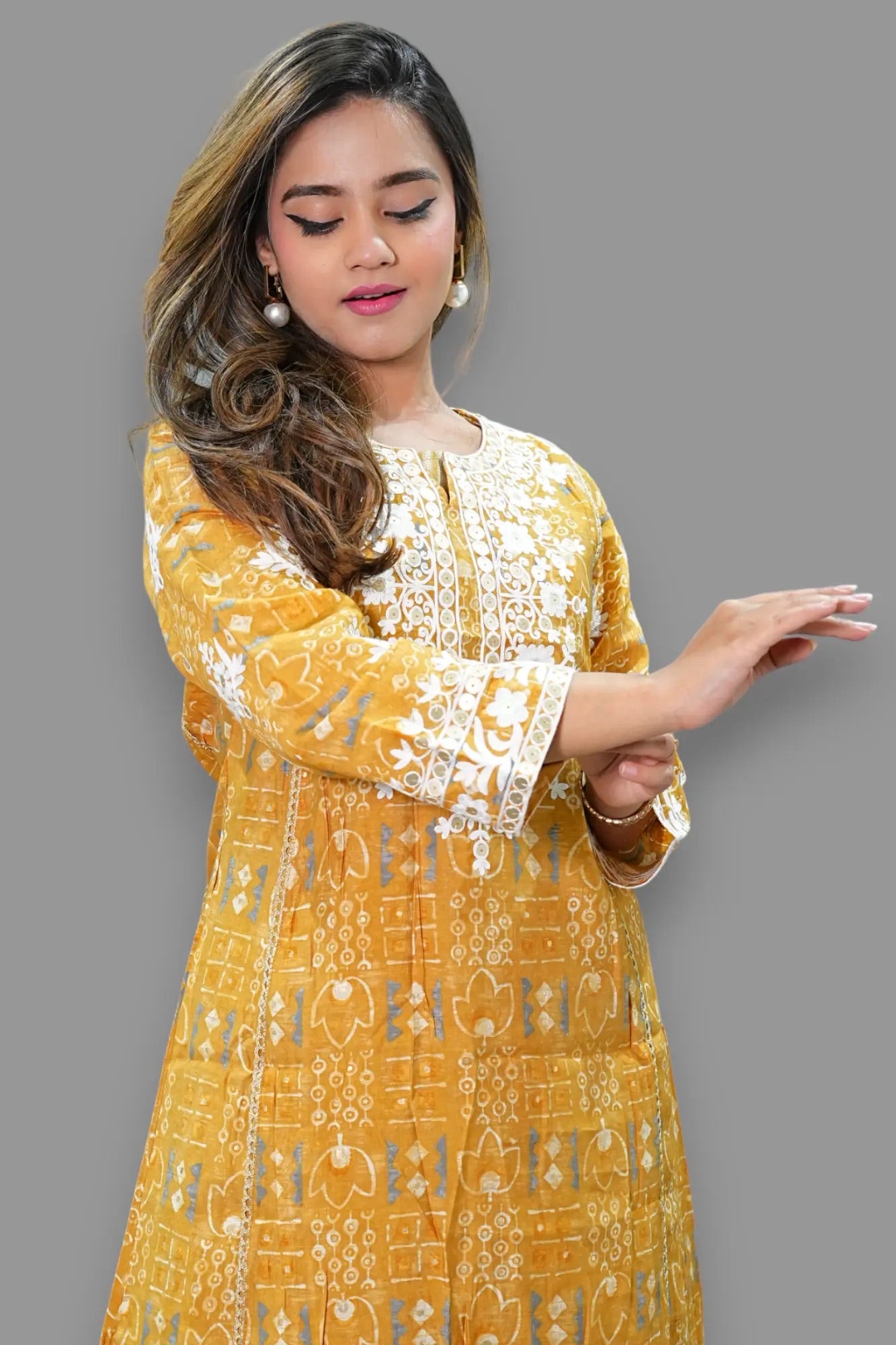 Mustard Color Muslin Thread Embroidered Plazo Set