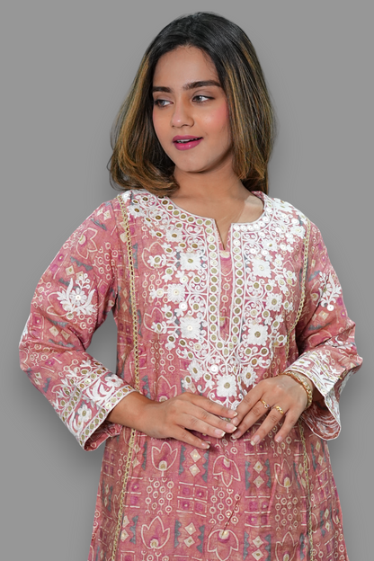 Peach Color Muslin Thread Embroidered Plazo Set