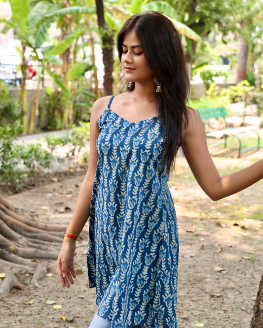 Kiara Blue & White Printed A-Line V Neck Short Cotton Kurti