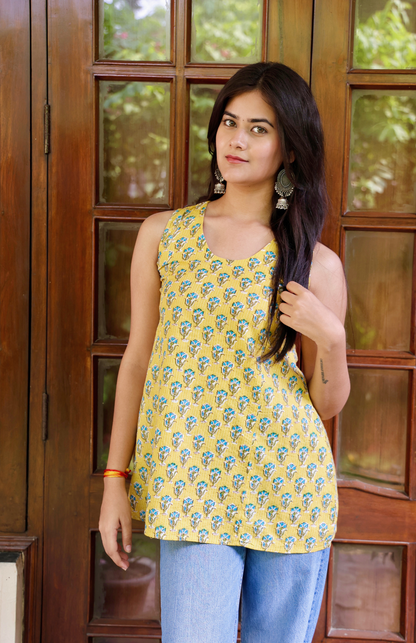 Yellow Sleeveless Short Kurti Cotton Top