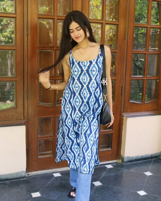 Khyati Blue & White Printed Spaghetti Strap Cotton Kurta With Pocket