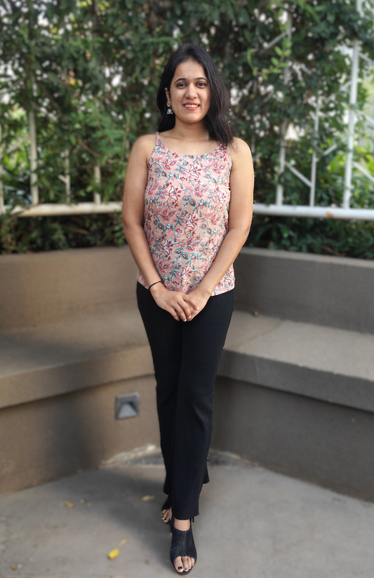 Pinkish Peach Floral Printed Camisole Cotton Top