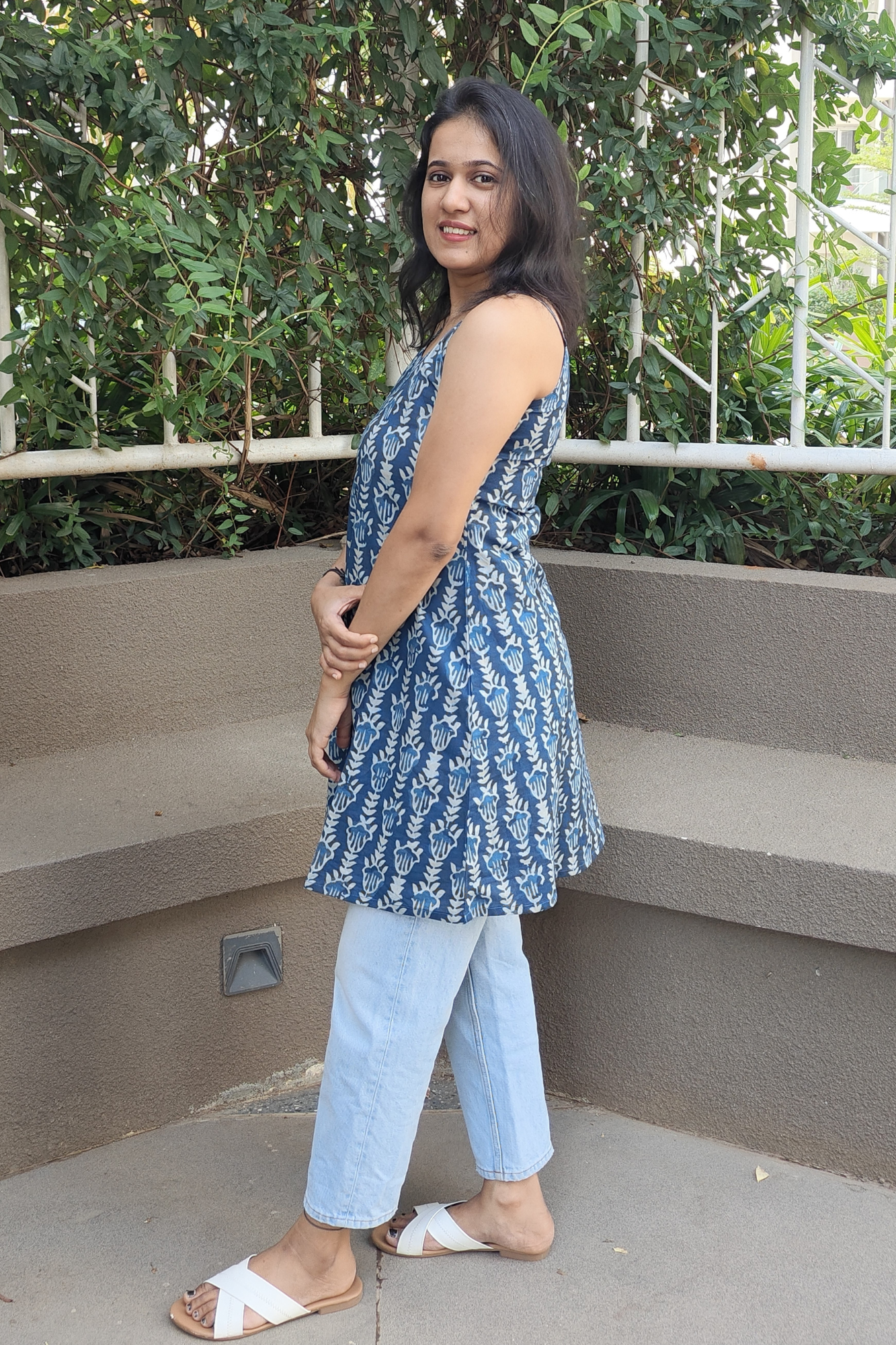 Kiara Blue & White Printed A-Line V Neck Short Cotton Kurti