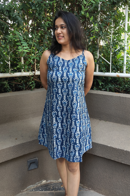 Kiara Blue & White Printed A-Line V Neck Short Cotton Kurti