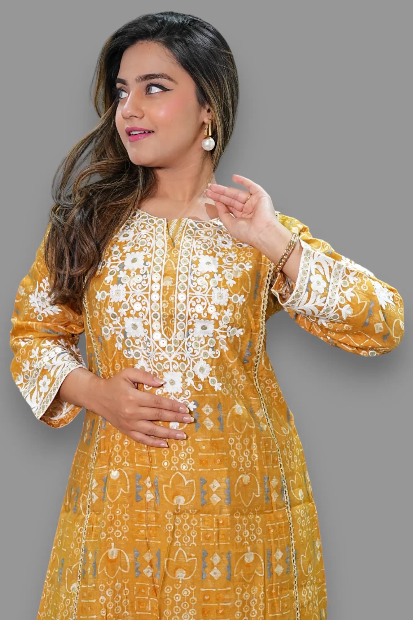 Mustard Color Muslin Thread Embroidered Plazo Set