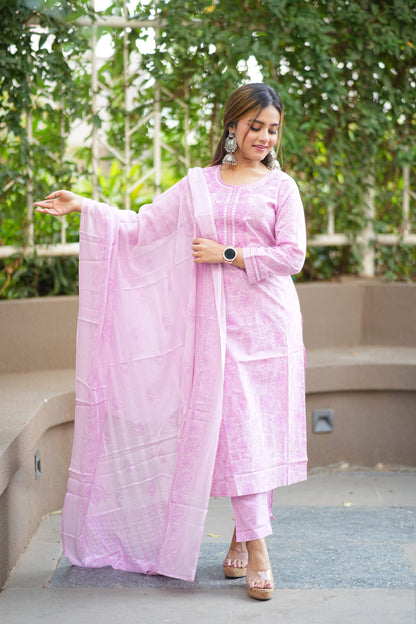 Lilac Printed Neck Embroidered Kurta With Trouser Pants & Dupatta Set