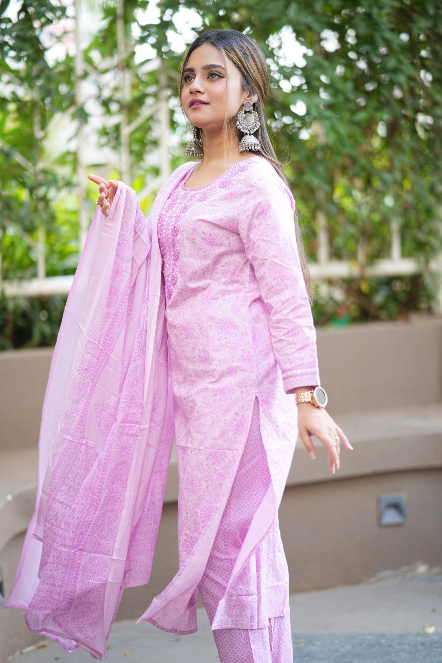 Lilac Printed Neck Embroidered Kurta With Trouser Pants & Dupatta Set