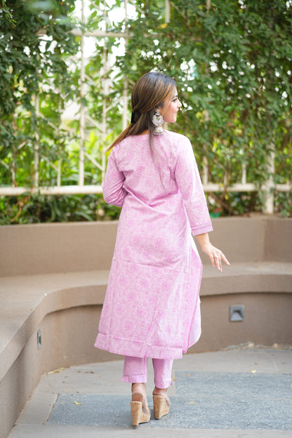 Lilac Printed Neck Embroidered Kurta With Trouser Pants & Dupatta Set