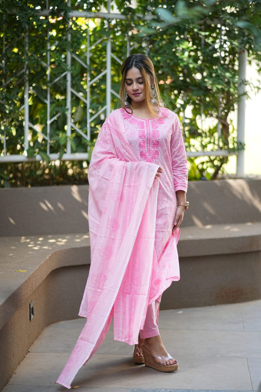 Baby Pink Printed Neck Embroidered Kurta With Trouser Pants & Dupatta Set