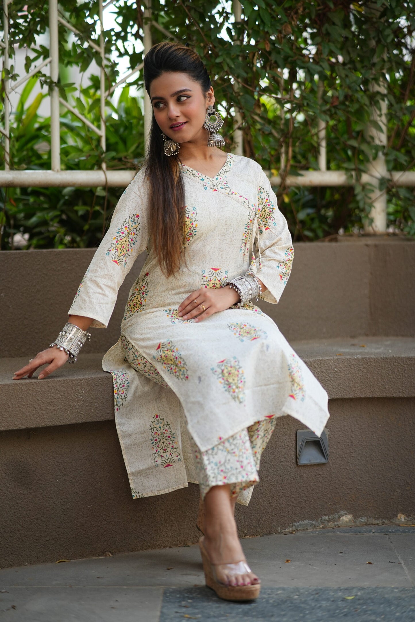 Creamish Angrakha Style Printed Kurta Pant Set