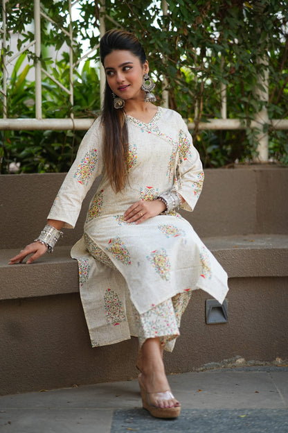 Creamish Angrakha Style Printed Kurta Pant Set