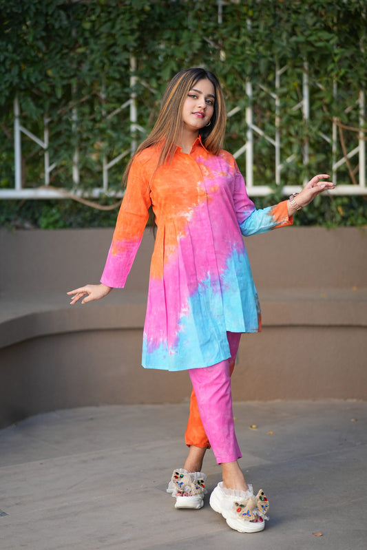 Orange Pink Blue Tie-Dye Printed Cotton Co-Ord Set