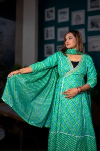 Bandhani Print Angrakha Style Dress Suit With Pant And Dupatta