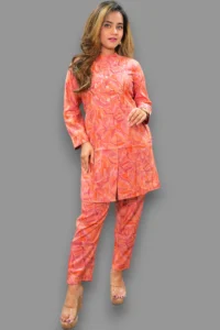 Peach Printed Neck Embroidered Co-Ord Set